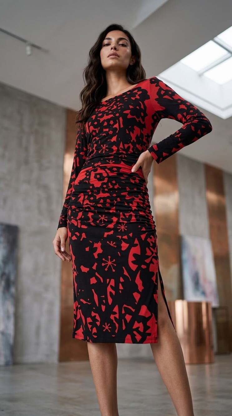 Tracy Reese Midi Dress Size M Red Black Long Sleeve Floral Print Ruched